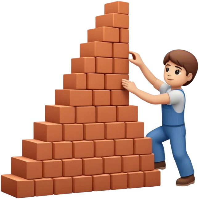 A person is stacking bricks one by one, slowly constructing a staircase or wall. Each brick represents a small action taken consistently (e.g., drinking water, exercising, reading). emoji