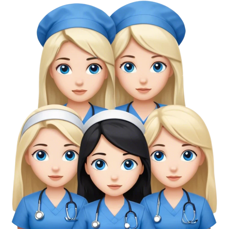 Three girl nurses, one with long brown hair blue eyes, one with long black hair brown eyes, one with short blonde hair blue eyes, all white skin color emoji
