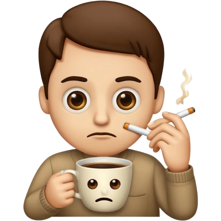 Create an emoji that is tired of life with big eye bags and annoyed. He needs to have a coffee and a used cigarette next to him or his hands  emoji