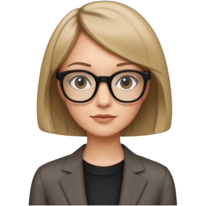 woman dark blonde petite bob haircut wears dark squarish glasses, classic clothes emoji
