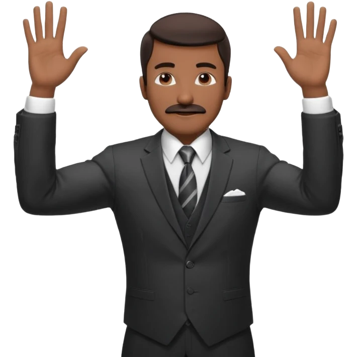 

“A confident man with medium-dark skin tone wearing a suit, tie, and vest, holding both hands up with fingers spread, making a ‘calm down’ or ‘I’m just saying’ gesture. His eyes are closed, and he has a mustache, giving a vibe of laid-back confidence or mock innocence. emoji