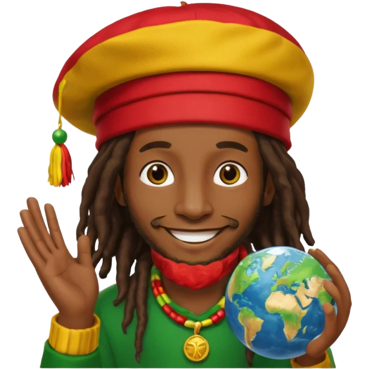 A rasta man bigging up di whole world 🎯🌍👊🏾👊🏻👊🏿🌍🎯 reggae vibes 🎶, love and unity ✨💛💚❤️, every nation stand strong 🇯🇲🌐 with the world in his hand emoji