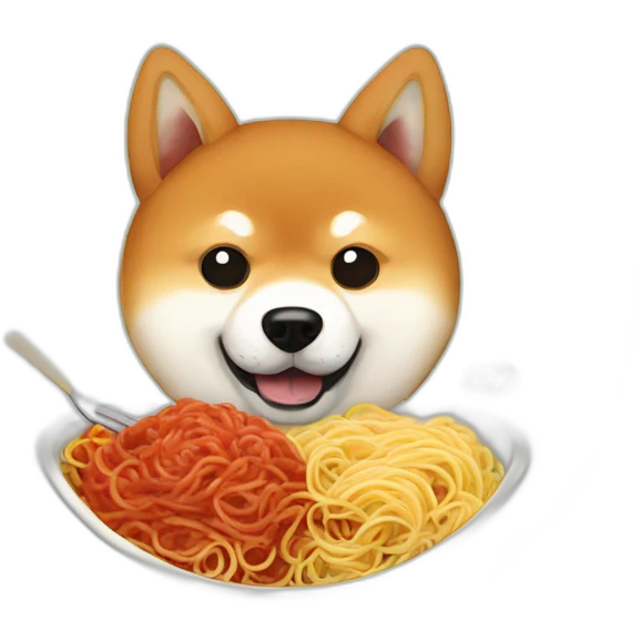 A Shiba Inu who eats spaghetti Bolognese with meatballs on a plate emoji