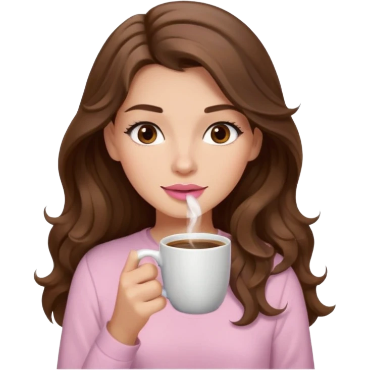 girl with wavy long brown hair, brown eyes, light to medium complexion, long lashes, light pink lipstick, wearing light pink shirt, sipping coffee emoji