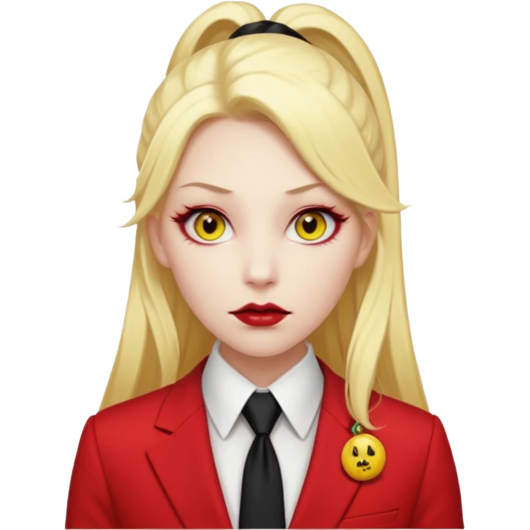 Woman with porcelain white skin, thick blonde hair that's in a thick, long ponytail, has a black nose, yellow scleras, red pupils, and a red suit with a black tie. Demon emoji