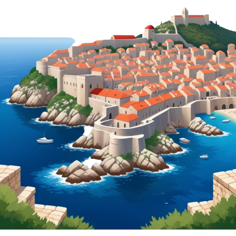 Dubrovnik – Cinematic Realistic Dubrovnik, depicted as a stunning coastal city with red-tiled roofs and ancient stone walls, set against the deep blue Adriatic Sea under warm Mediterranean light, rendered with rich textures that capture its enchanting beauty. emoji