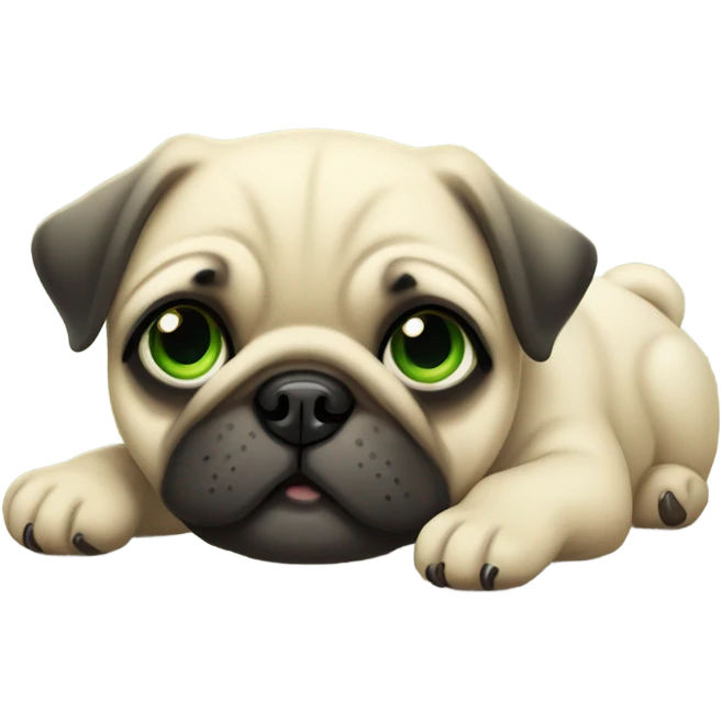 Cute Baby pug with big green eyes happy  lying down  emoji