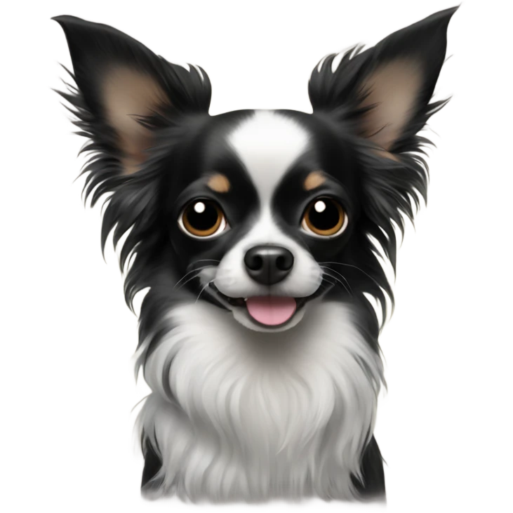 Long haired all Black Chihuahua giving peace sign emoji