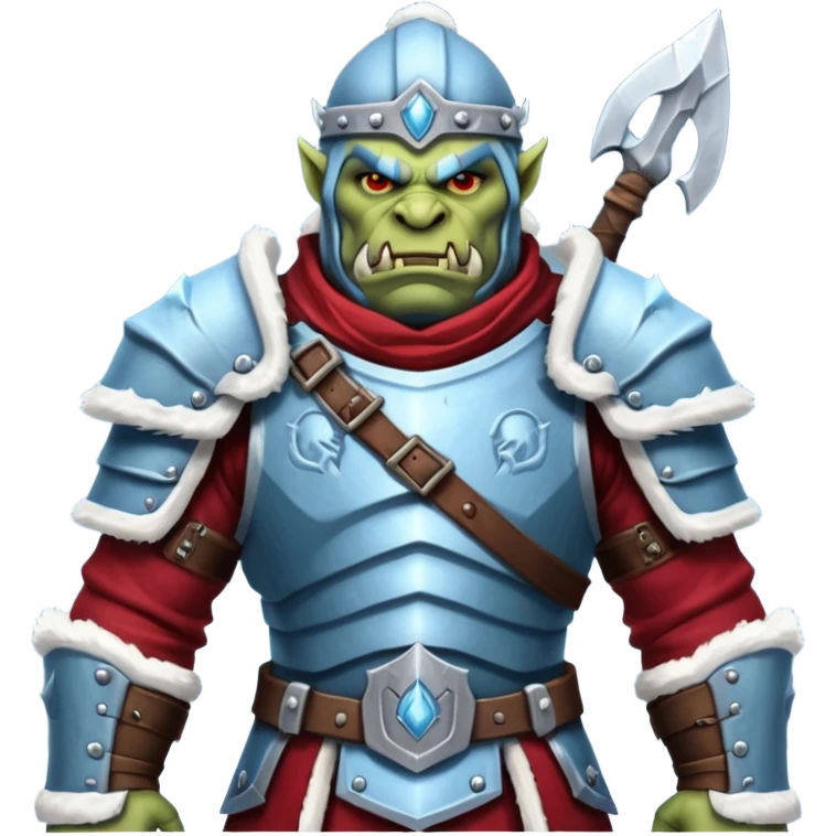 
Fantasy Christmas orc legion soldier icon, iron tundra army theme, heavy winter armor, disciplined brutal look, icy blue steel armor with deep crimson accents, frozen metal texture, cold winter atmosphere, male variant emoji