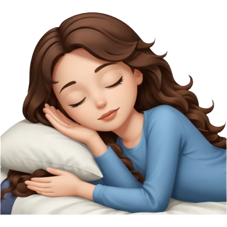 Um amenina super linda com cabelo marrom meio preto  com as pontas ondulado,  cabelo grande na cama deitada com o olho fechado  emoji