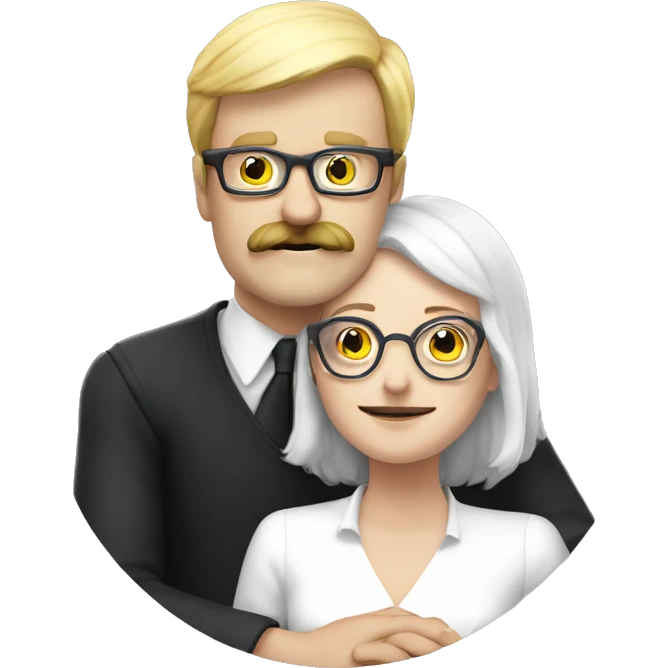 Hug between a bold white man with moustache and glasses and a white woman witch  emoji