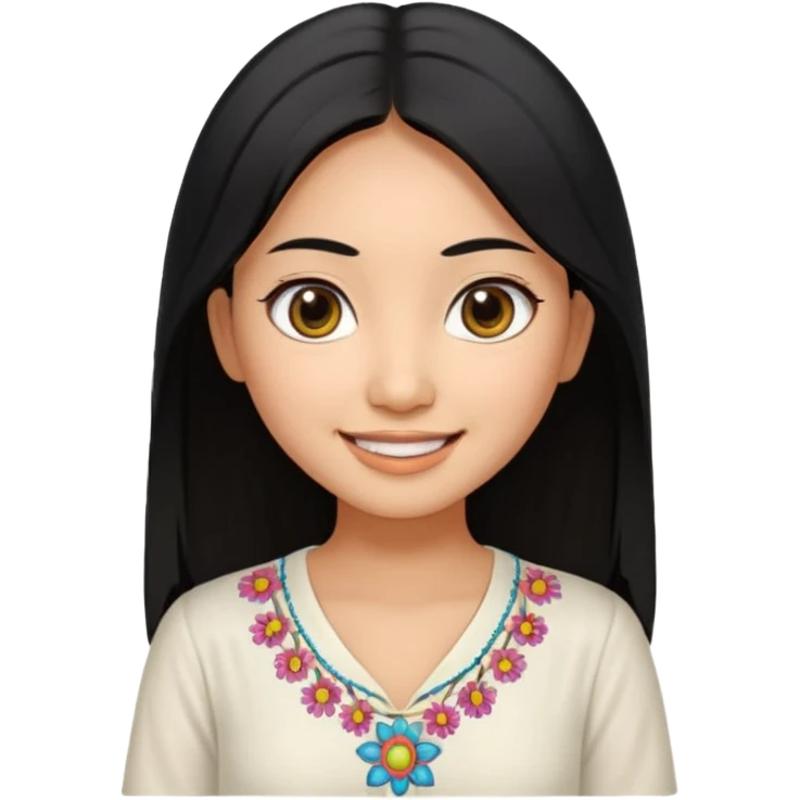 30 yr old asian woman center parted hair big eyes big smile tanned skin straight black hair hippie part hair white blouse emoji