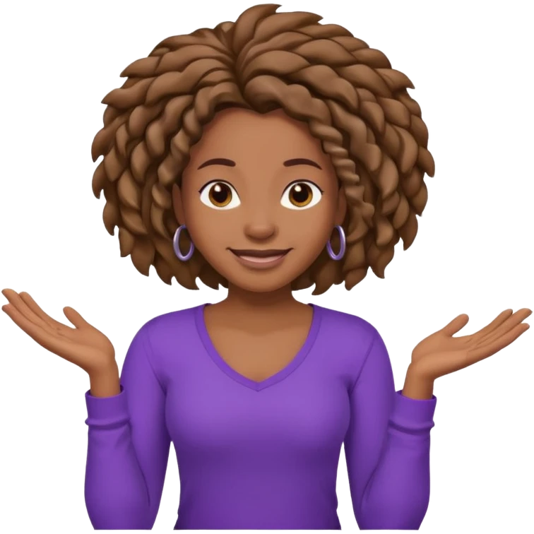 black woman with locks shrugging-smiling with purple shirt emoji