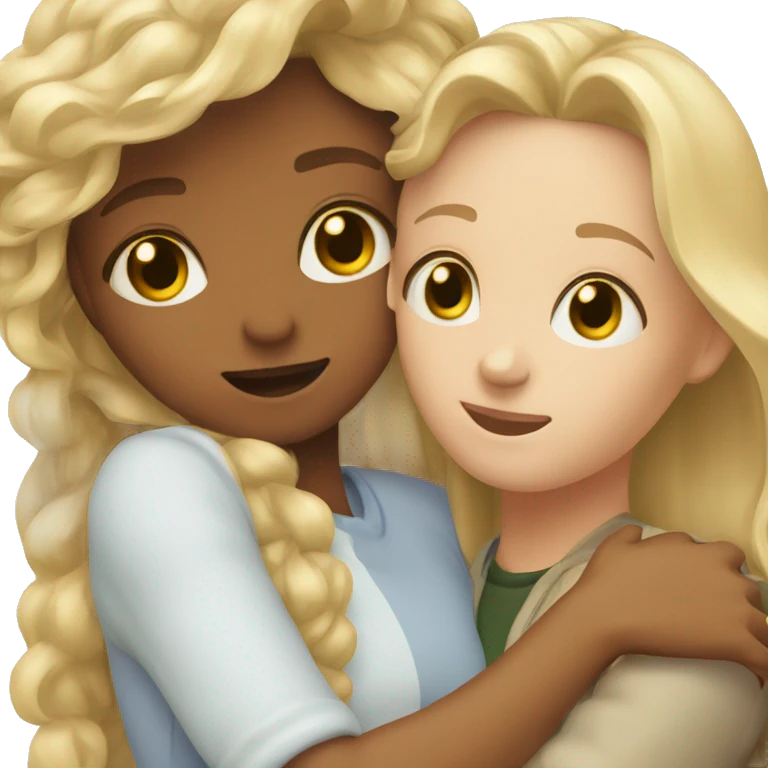 Two friends, a blonde with green eyes and a brown-haired woman with brown eyes, hug  emoji
