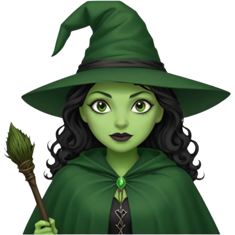 elphaba wicked witch with broom close up, evil dark curly long dark hair, green skin, thick green lips, cheekbones, smirk evil menacing cythia erivo dark aesthetic black hat cloak black broom emoji