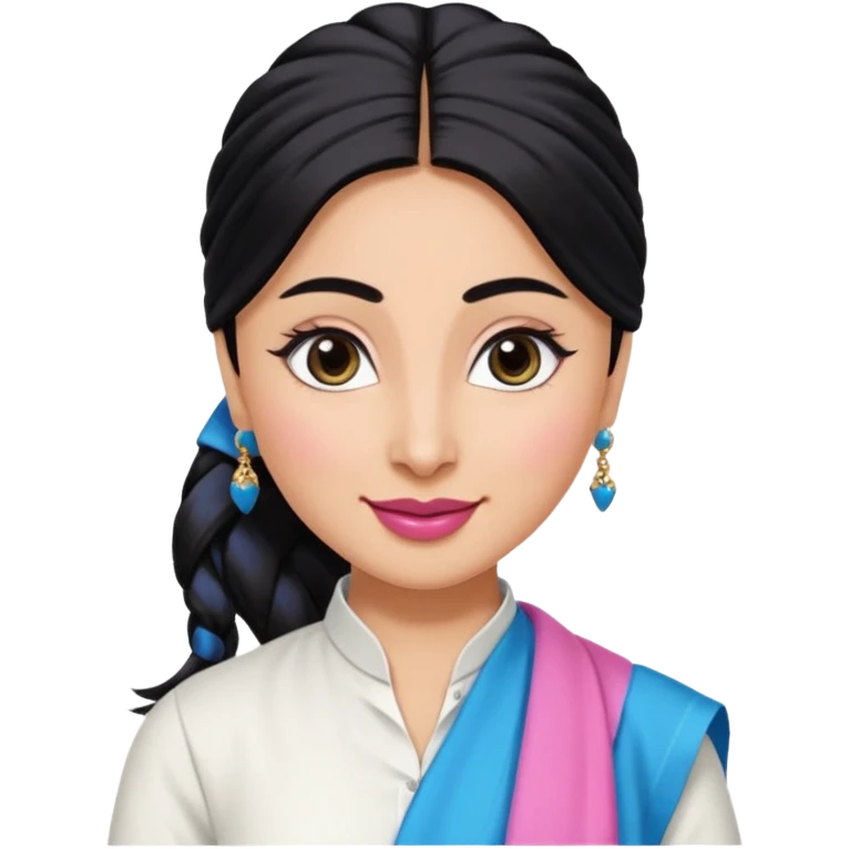 generate a pretty bratz emoji that looks like Kareena Kapoor's Geet character. 
Make her wear a white shirt with a colorful blue-pink dupatta wrapped around her neck. smiling big. Black hair tied into a side part ponytail

She should look like Kareena Kapoor emoji