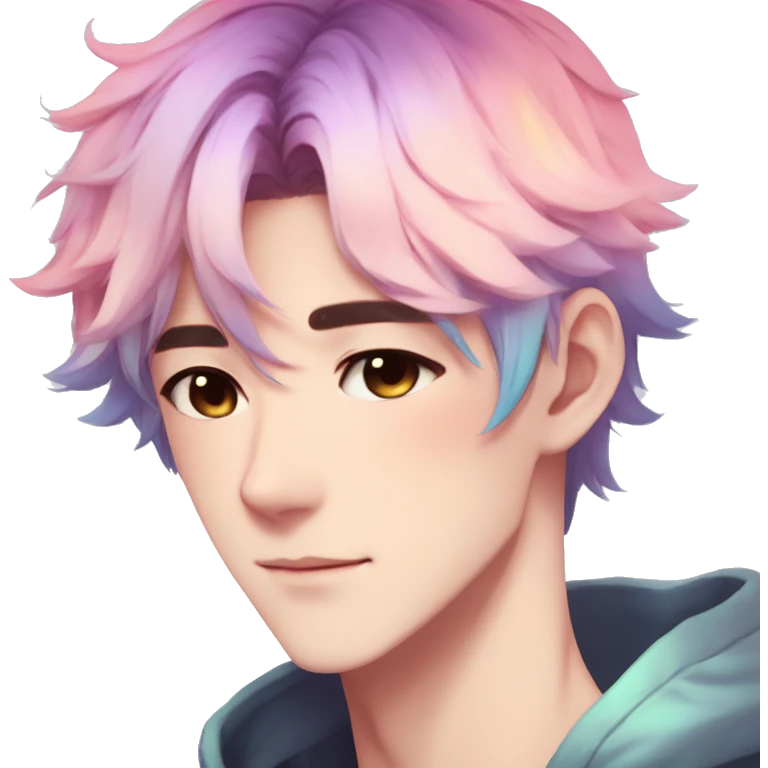 Gorgeous anime style guy with blushing face aesthetic and pretty colorful shiny gradient pastel hair trending style emoji