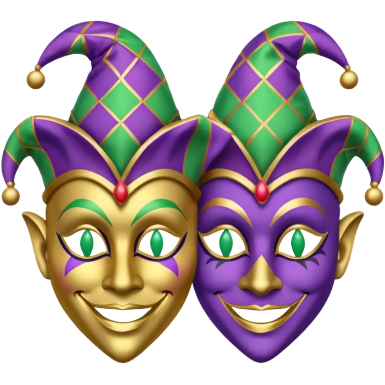 2 jesters masks for mardi gras in purple gold and green like this as the outline: 🎭 emoji