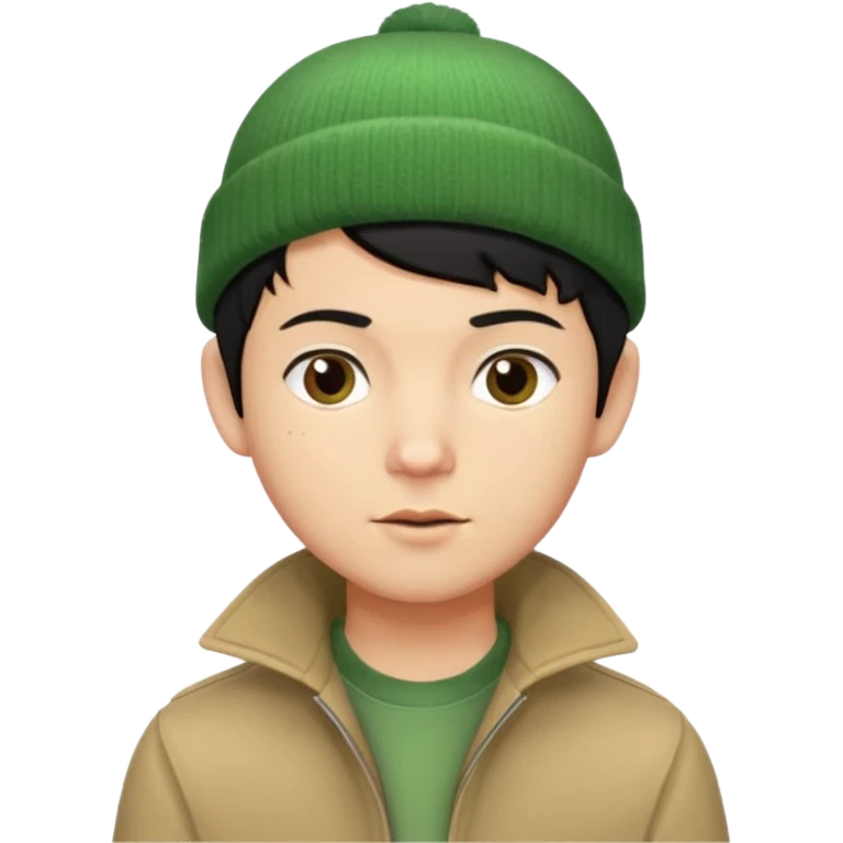 young man with pixie cut black hair, green beenie hat, tan jacket and pork chop sideburns emoji