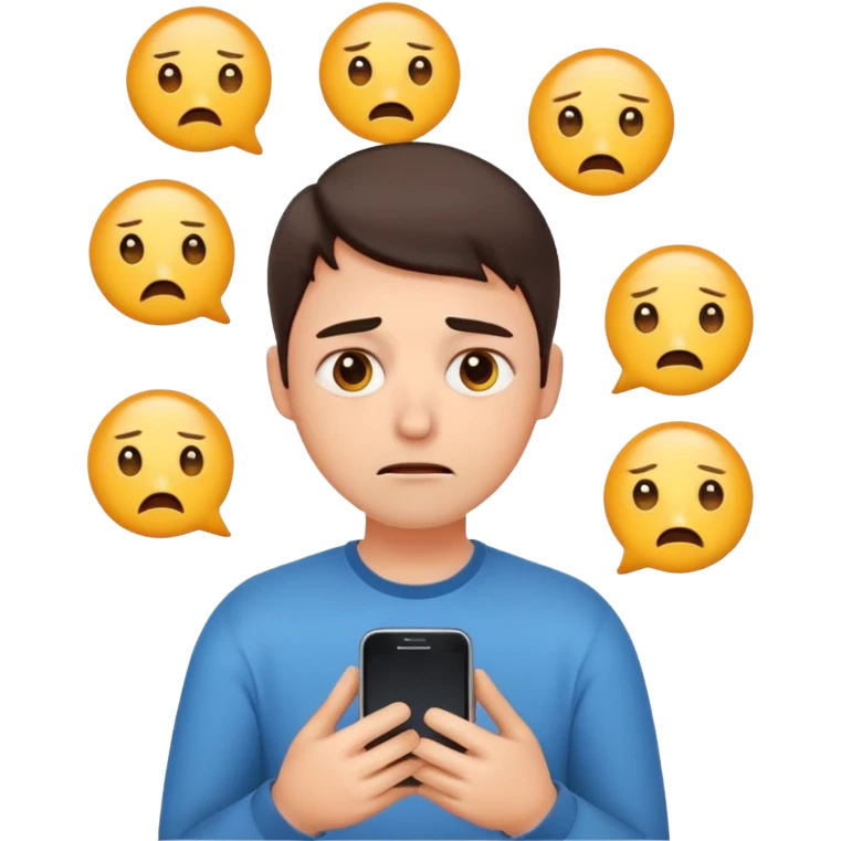 Same emoji avatar, overwhelmed expression, tired eyes, slightly stressed face, holding a smartphone with notifications piling up emoji