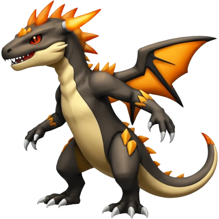 Magmatic fiery badass cool obsidian-Black and golden-orange Helioptile-Marowak-Croconaw-Fakémon-hybrid-creature (full body)  emoji
