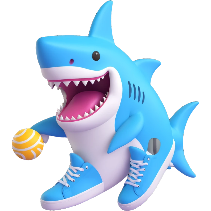 shark with light blue sneakers, 3D emoji style, smooth and friendly emoji