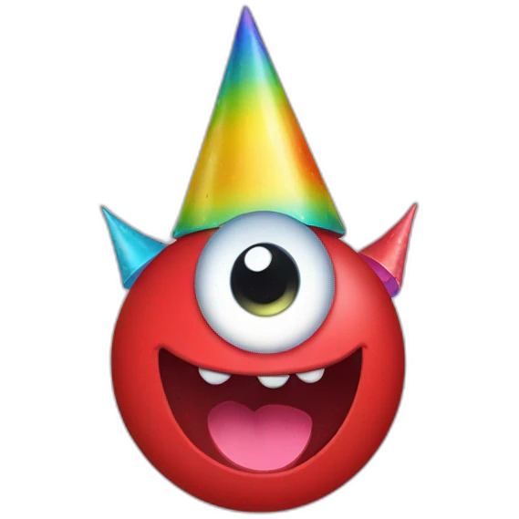 red monster one eye smile face with a rainbow party hat emoji