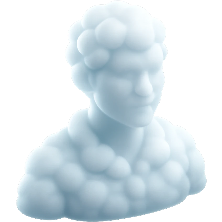 person looking straight, shoulders up, fully composed of white fluffy convex clouds, matte glass style, volumetric and soft clouds, no background emoji