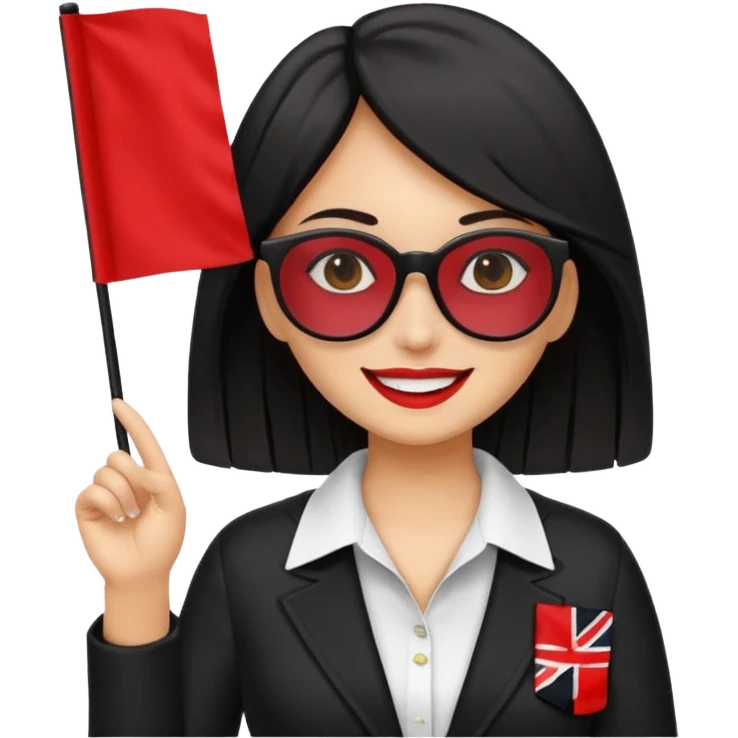 Una mujer morena (de pelo)  con una coleta de color negro) y gafas de sol de color negro y una bandera roja en la mano emoji