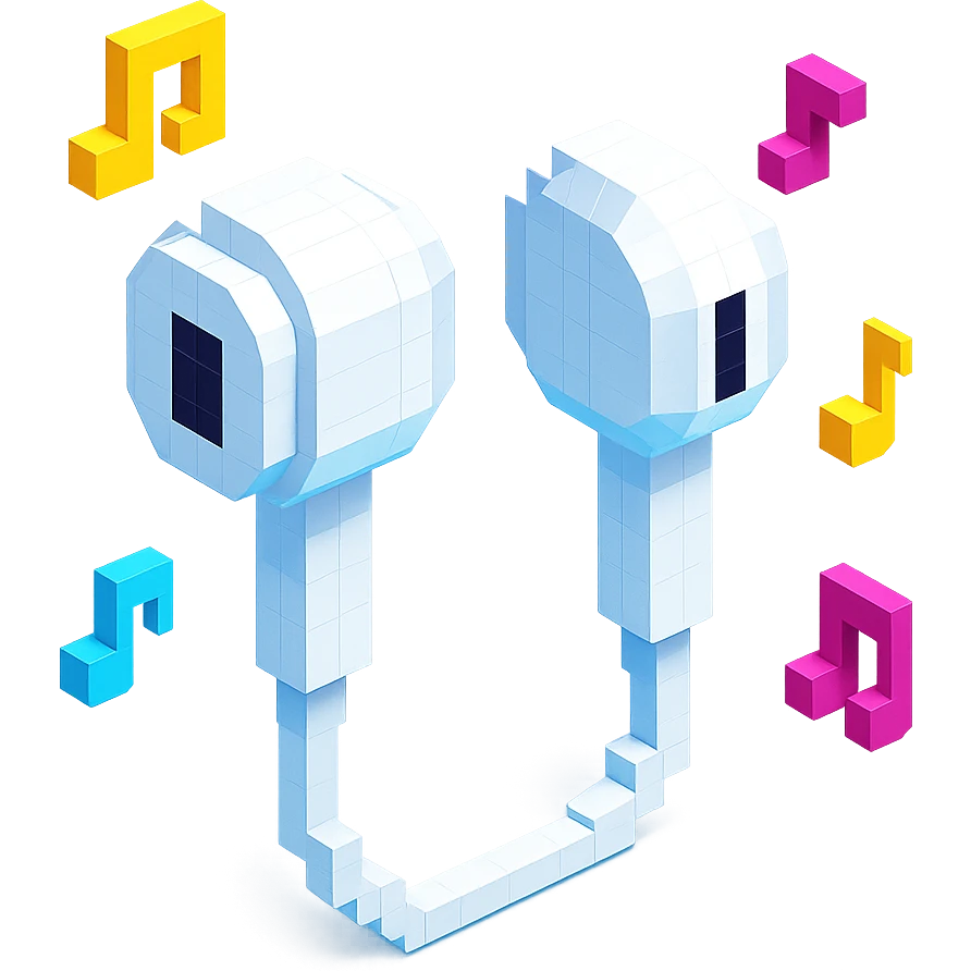 white EarPods headphones with a playful twist, surrounded by tiny music notes emoji