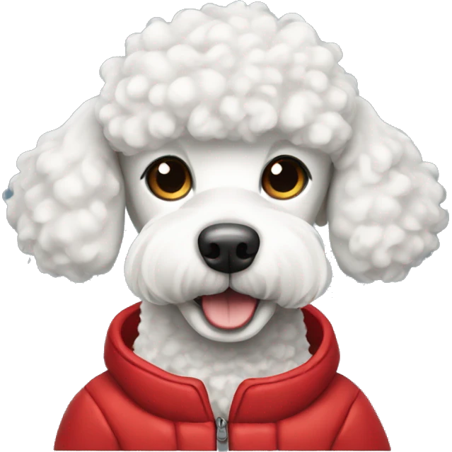 White poodle wearing red winter jacket emoji