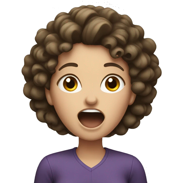 White Woman with curly dark brown hair shouting emoji