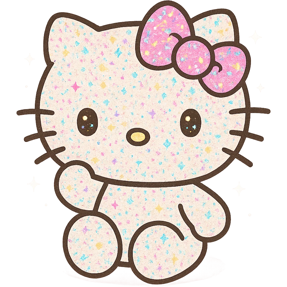 Hello Kitty, body and bow dusted with colorful glitter, sparkling, joyful, kawaii style emoji