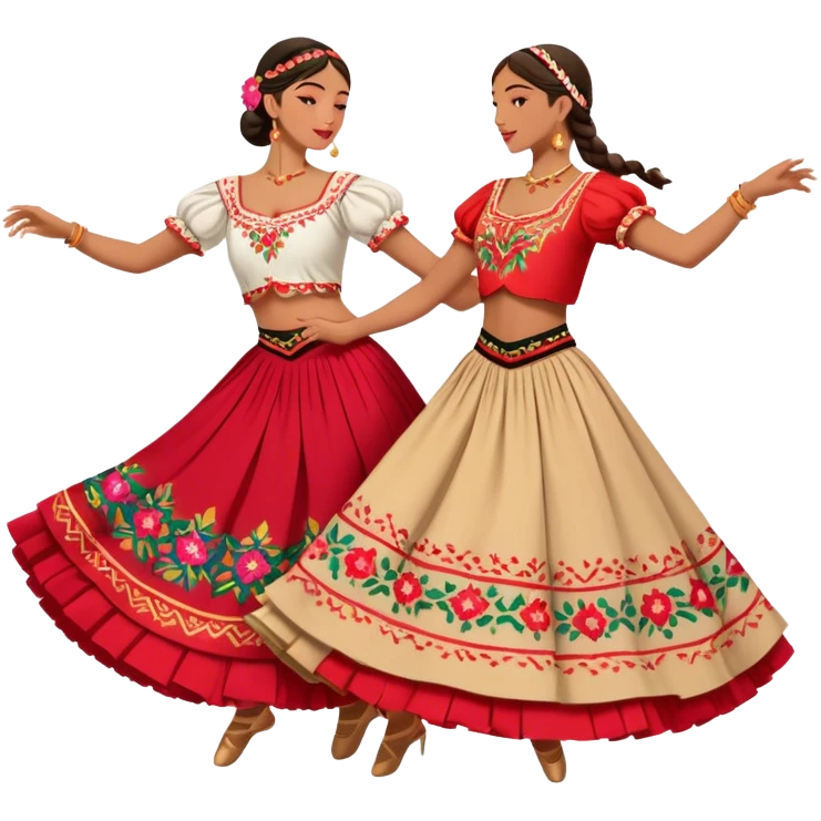 Cinematic Realistic scene of two dancers performing the Tarantella, dressed in vibrant, flowing traditional costumes with detailed embroidery and dynamic skirts, captured in festive motion with warm, lively lighting emoji