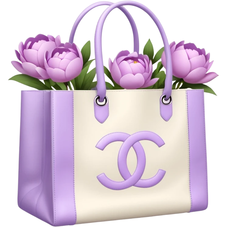 Realistic white chanel shopping bag with lilac peonies in it emoji