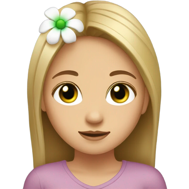 A girl with straight hair green eyes a mole under the lip and with a flower in her hair emoji