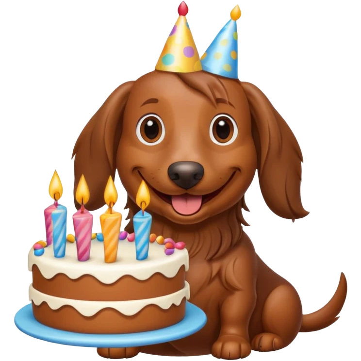 Brown long haired wiener dog with birthday cake emoji