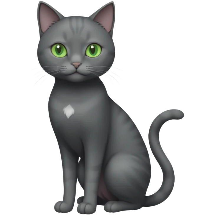 full body view of beautiful female solid dark grey cat with green eyes, grey face, white toes/paws and white patch on her chest emoji