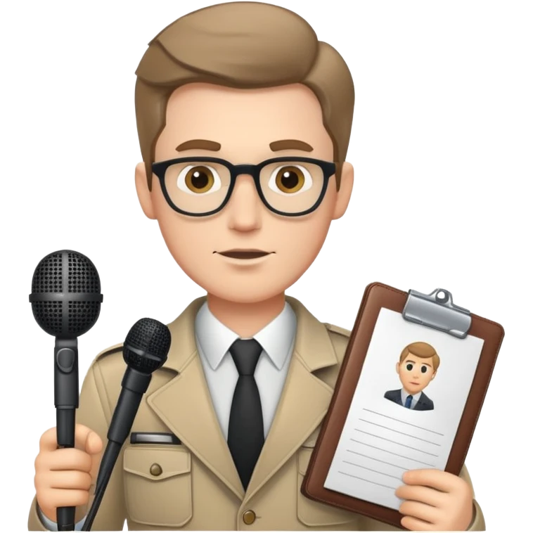 white man journalist with press badge notepad and microphone emoji