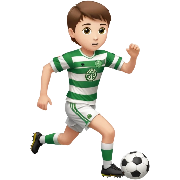 Celtic footballer jersey logo  6 years old brown hair white boy , brown eyes , stripes uniform , RUNNING  with soccer ball # 17 celtic football logo PUT ONLY ONE LOGO ONE CELTIC LOGO ONLY white shorts emoji
