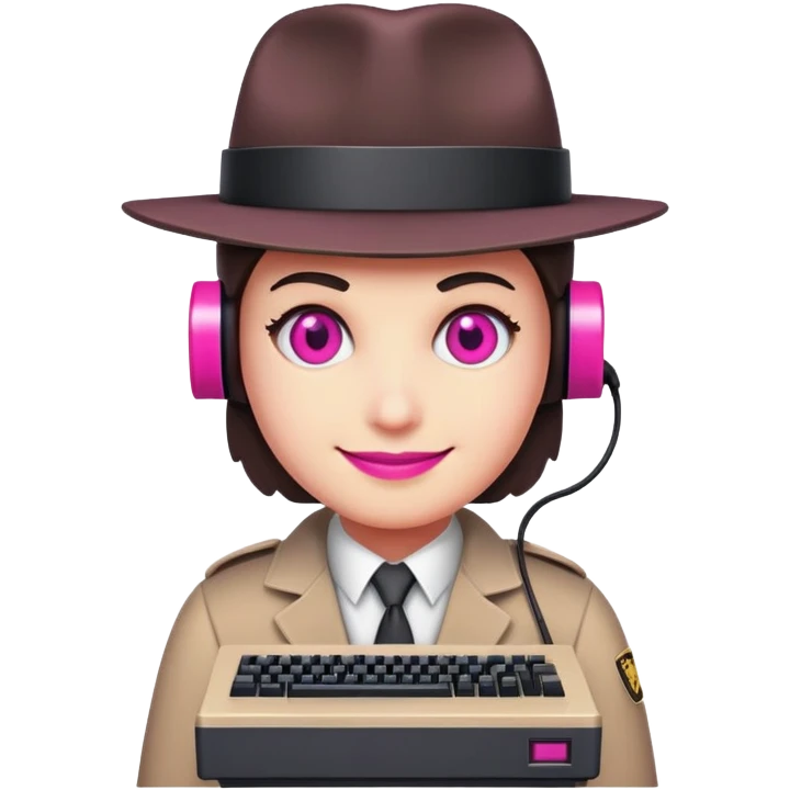 a character with a retro computer for a head, that has hot pink pixelated eyes and a smile, and wearing a detective suit emoji