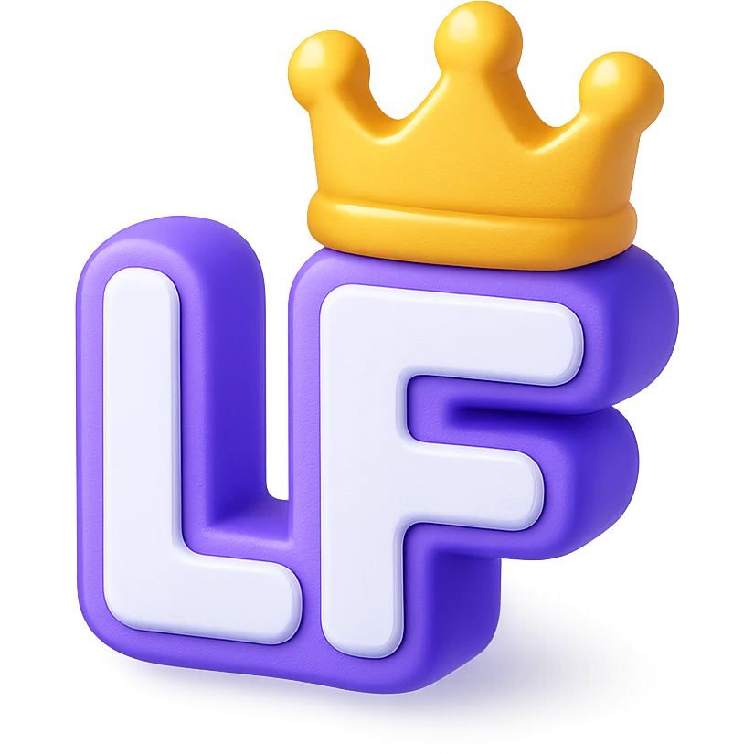 the letters LF in purple with a crown on top, emoji style emoji