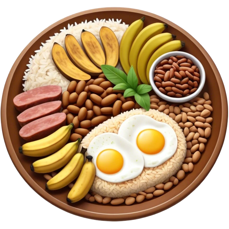 Cinematic Realistic Bandeja Paisa Dish Emoji, depicted as a hearty platter featuring beans, rice, meat, and plantains rendered with detailed textures and vibrant, robust lighting. emoji