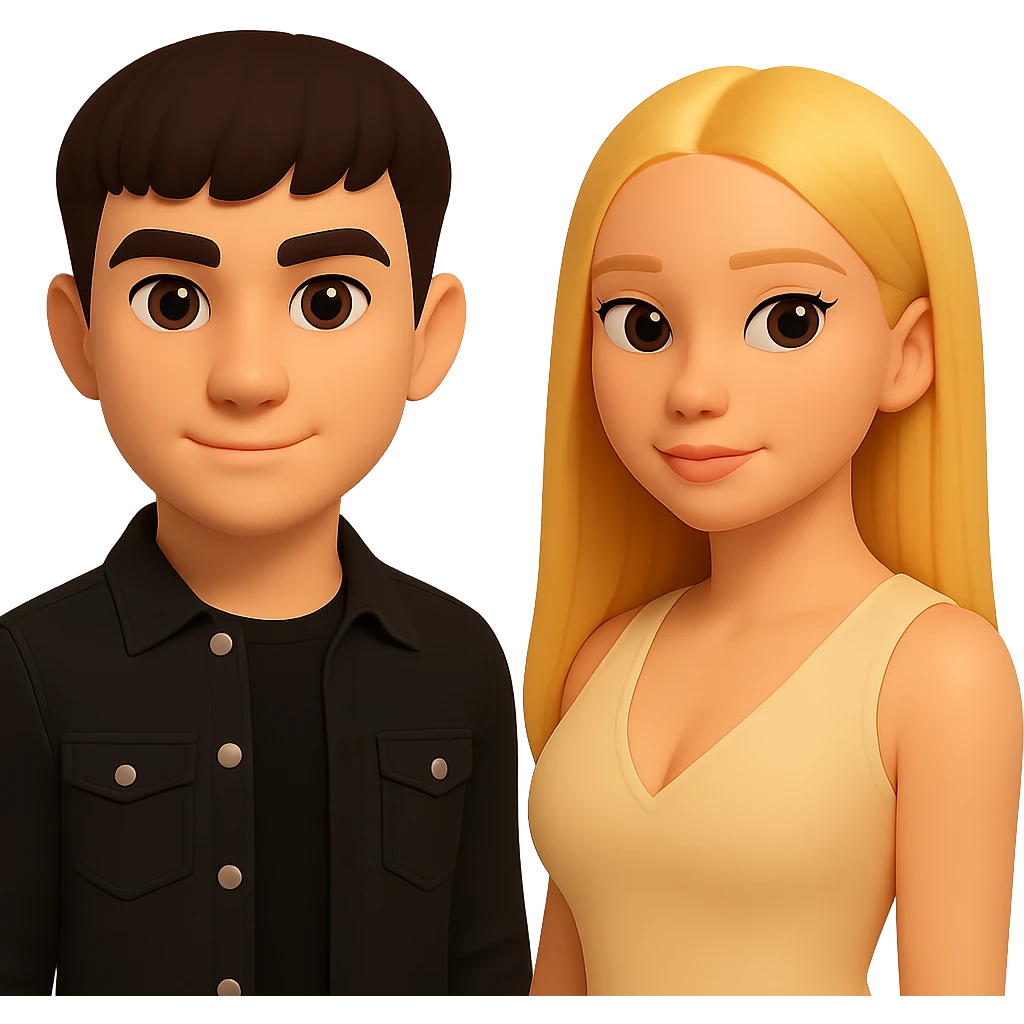Slightly increase the volume of the upper body of the girl, separate the girl and the boy from each other, make the skin color the same for both characters. Maintain the cartoonish 3D style and keep the background transparent. emoji