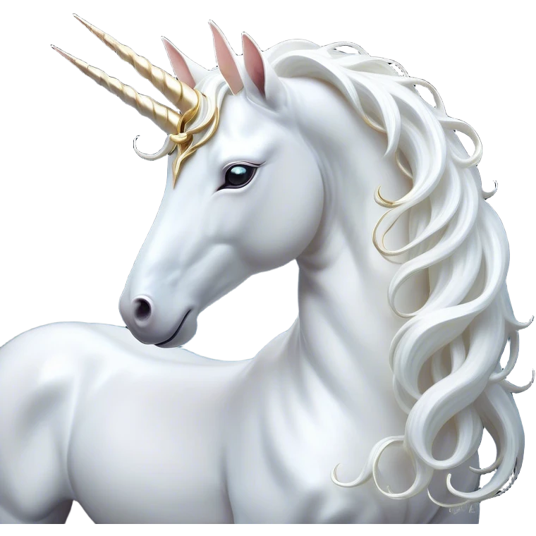 Beautiful and Majestic White Unicorn Portrait Emoji, Head and body exuding serene brilliance with a luminous, flowing mane and a gracefully spiraled horn, eyes gently closed in peaceful reverie, Simplified yet exquisitely enchanting features, highly detailed, glowing with a soft, celestial light, high shine, serene and utterly majestic, stylized with an air of timeless fantasy, soft glowing outline, capturing the essence of a beautiful and majestic white unicorn that embodies the pure magic of legend! emoji