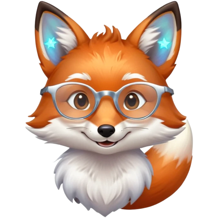 A gentle fox with iridescent fur, a glowing tail, a silver star on its forehead, and round glasses, smiling softly with closed, happy eyes emoji