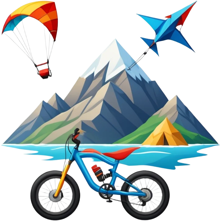 An emblem-style design representing extreme sports and lifestyle, featuring symbols of adventure such as a mountain, a sea, a kite, and a bike. The design is bold and dynamic, with sharp lines and energetic colors, capturing the essence of thrill, freedom, and adrenaline. emoji