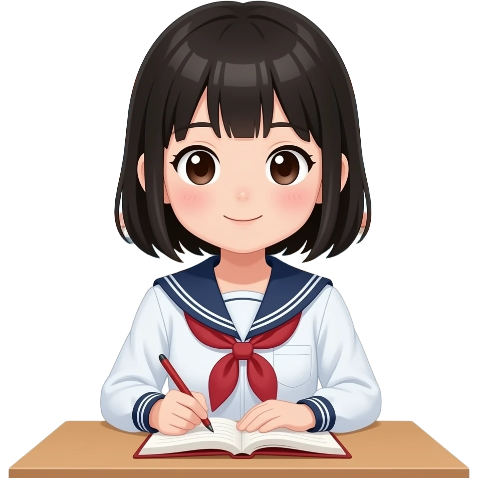 Japanese high school girl studying with blushing face behind school building emoji