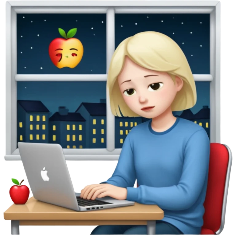 tired student with laptop, window at night behind, slouched posture, apple style emoji emoji