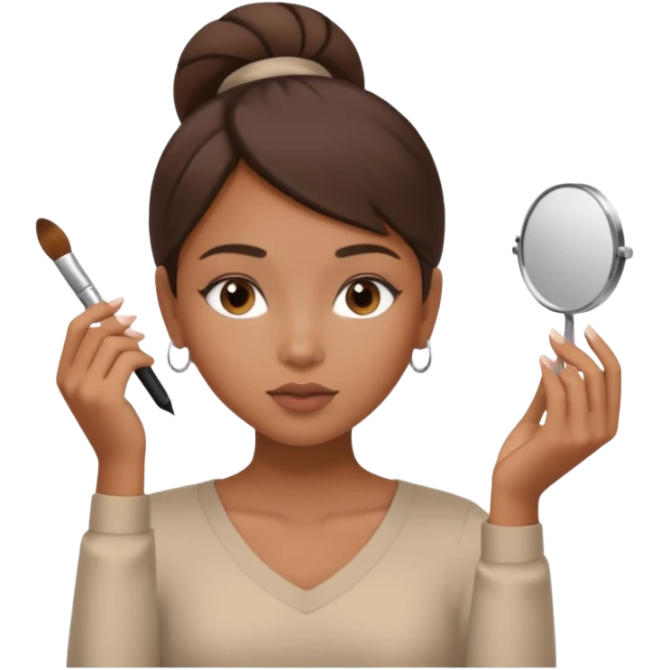 Draw a mixed-race girl applying makeup, wearing a clean girl blouse and with straight brown hair far away  emoji